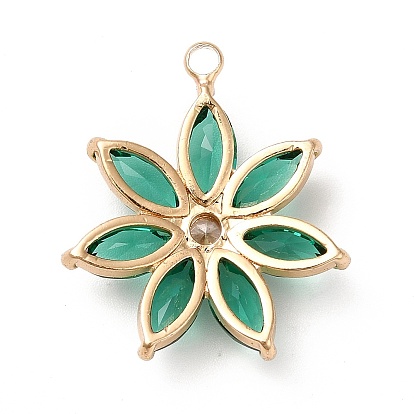 Rack Plating Brass with Glass Pendant, Real 14K Gold Plated, Cadmium Free & Lead Free, Faceted Flower