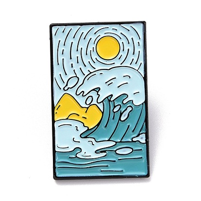Sun and Sea Enamel Pin, Rectangle with Scenery Alloy Enamel Brooch for Backpack Clothes, Electrophoresis Black