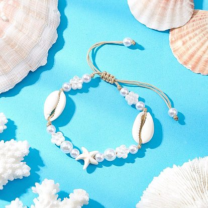 Регулируемые браслеты из натуральной ракушки каури и АБС-пластика с жемчужными бусинами для женщин, цветок и ракушка, с синтетическими бирюзовый