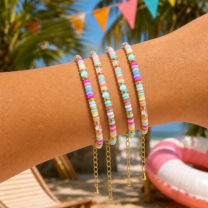 Bohemian Natural Shell Heishi Beaded Bracelet Sets, Adjustable Stackable Bracelets with Brass End Chains and Glass Beads, Golden