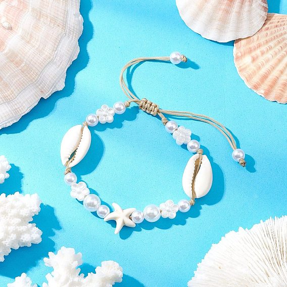 Регулируемые браслеты из натуральной ракушки каури и АБС-пластика с жемчужными бусинами для женщин, цветок и ракушка, с синтетическими бирюзовый