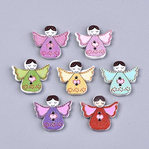 Printed Wood Buttons, Dyed, 2-Hole, Angel