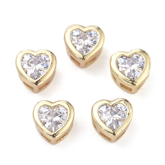 Vacuum Plating Brass Cubic Zirconia Pendants, Multi-Strand Links, Long-Lasting Plated, Heart, Clear