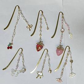 Crochet en alliage signet, signet en perles de verre et acryliques, fraise & papillon & cerise