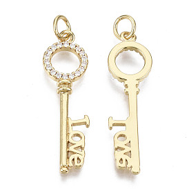Brass Micro Pave Clear Cubic Zirconia Pendants for Valentine's Day, with Jump Ring, Nickel Free, Key with Word LOVE