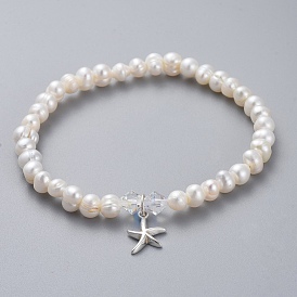 Natural Freshwater Pearl Beads Stretch Bracelets, with 925 Sterling Silver Charms, Austrian Crystal Beads and Cardboard Boxes, Starfish/Sea Stars