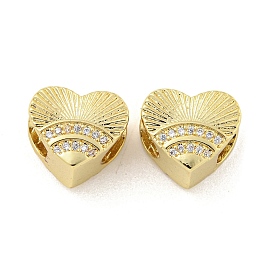 Rack Plating Brass Micro Pave Clear Cubic Zirconia Beads, Lead Free & Cadmium Free, Long-Lasting Plated, Heart