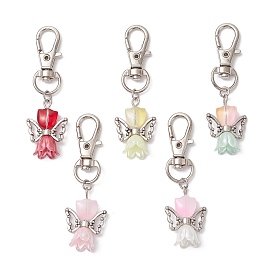 5Pcs 5 Colors Flower Angel Glass Pendant Decorations, Alloy Swivel Clasps Charms for Bag Ornaments