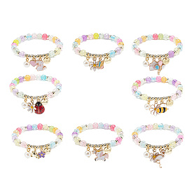 8Pcs 8 Style Acrylic Round Beaded Stretch Bracelets Set, Flower & Balloon & Unicorn & Word Love Alloy Enamel & Plastic Pearl Charms Stackable Bracelets for Women