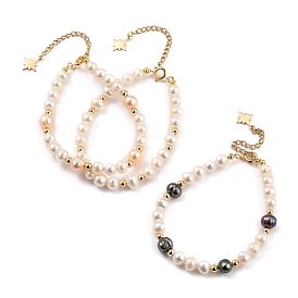 Beaded Bracelets, with Natural Cultured Freshwater Pearl Beads, Golden Plated Brass Spring Ring Clasps and Star Charms