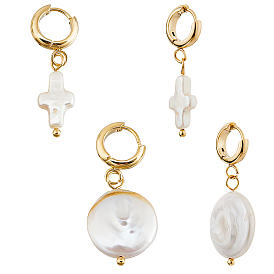 Серьги из 201 нержавеющей стали, с натуральной жемчужиной, плоский круглый крест