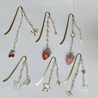 Crochet en alliage signet, signet en perles de verre et acryliques, fraise & papillon & cerise