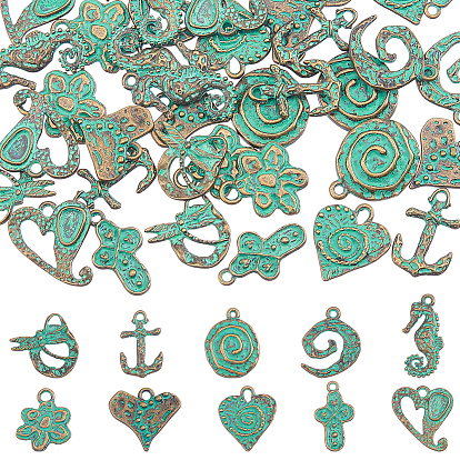 50Pcs 10 Styles Tibetan Style Alloy Pendants, Antique Bronze & Green Patina