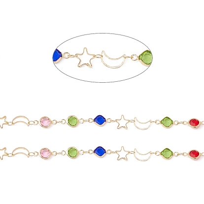Handmade Eco-friendly Brass Moon & Star & Flat Round Link Chain, with Glass Beaded, Real 18K Gold Plated, Lead Free & Cadmium Free, Soldered, with Spool