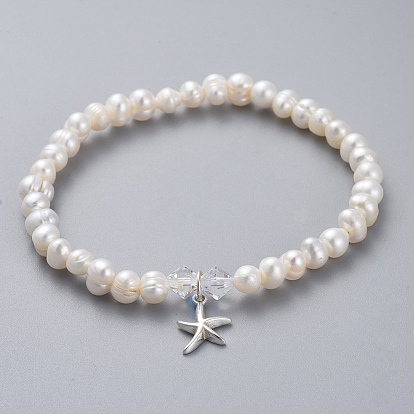 Natural Freshwater Pearl Beads Stretch Bracelets, with 925 Sterling Silver Charms, Austrian Crystal Beads and Cardboard Boxes, Starfish/Sea Stars