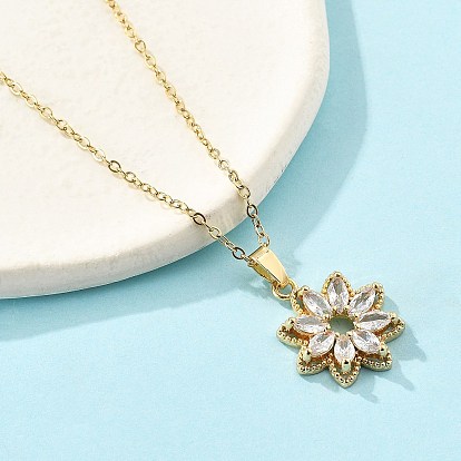 Латунный микропаве прозрачный кубический цирконий цветок кулон ожерелья для женщин, с 304 цепи из нержавеющей стали, ионное покрытие (ip)