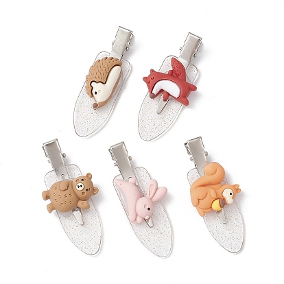 Forest Animal Theme Opaque Resin Alligator Hair Clips, with Glitter Alloy & Plastic Clip, for Girls