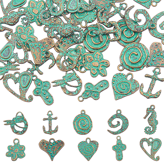 50Pcs 10 Styles Tibetan Style Alloy Pendants, Antique Bronze & Green Patina