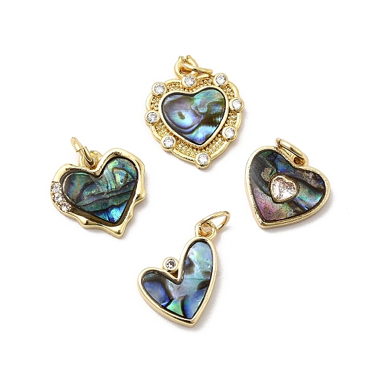 Латунные микро проложить кубического циркония подвески, сердце прелести, с ракушкой пауа и эпоксидной смолой, стойки покрытие, долговечный, без свинца и без кадмия, с целью перехода в кольце