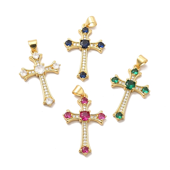 Rack Plating Brass Micro Pave Cubic Zirconia Pendants, Long-Lasting Plated, Lead Free & Cadmium Free, Cross Charm, Real 18K Gold Plated