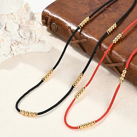 Ion Plating(IP) 304 Stainless Steel Round Beaded Nylon Cord Necklaces for Women, Real 18K Gold Plated