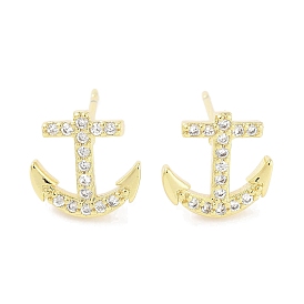 Brass Micro Pave Clear Cubic Zirconia Studs Earring, Anchor