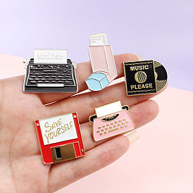 Retro-inspired Badge Set with Pin, Fax Machine, Telegraph, Memory Card, CD-ROM Drive and USB