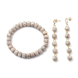 Undyed & Natural Moon and Star Xingyue Bodhi Beaded Jewelry Sets, Stretch Bracelets and Dangle Earring Studs, with Brass Findings