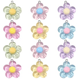 60шт 6 цветные подвески из полупрозрачной смолы, блестящие цветочные прелести, с платиновыми тоновыми железными петлями
