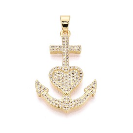 Латунные микропаве прозрачные подвески с фианитом, якорь с сердечками