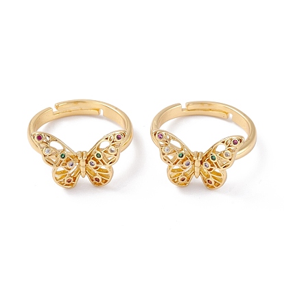 Adjustable Brass Micro Pave Cubic Zirconia Long-Lasting Plated, Butterfly, Colorful