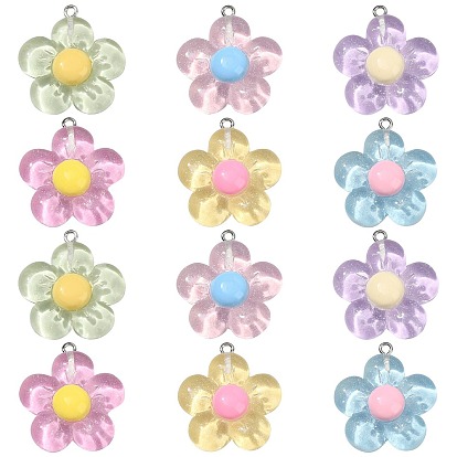 60шт 6 цветные подвески из полупрозрачной смолы, блестящие цветочные прелести, с платиновыми тоновыми железными петлями
