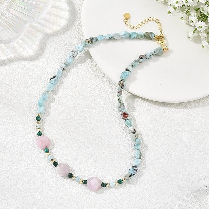 Natural Larimar Nuggets & Cube Malachite & Disc Kunzite Beaded Necklaces, with Brass Beads