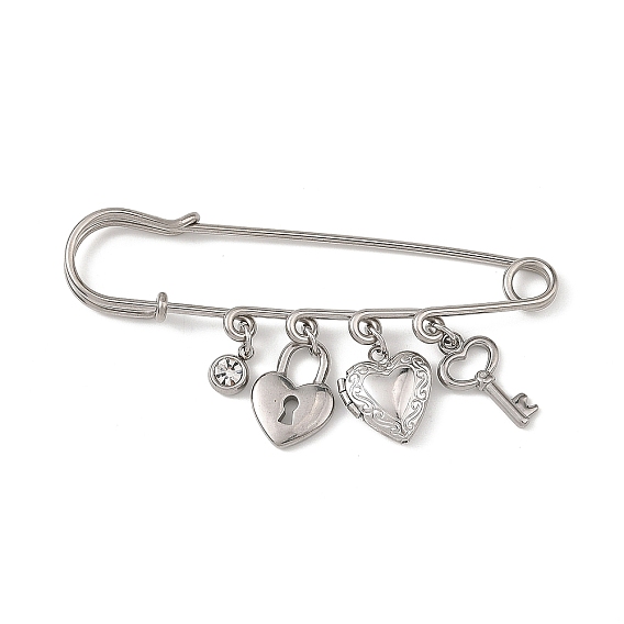 316 Stainless Steel & 201 Stainless Steel Rhinestone Pendant Brooch, Safety Pin, Heart Lock & Key
