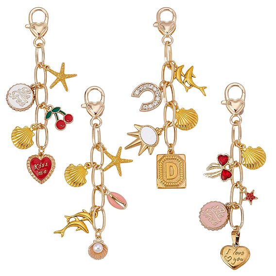 4шт. подвесные украшения из сплава эмали и стразов, с алюминиевой цепочкой и поворотными застежками из сплава, разнообразные