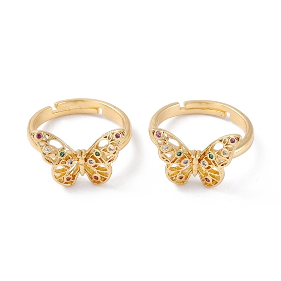 Adjustable Brass Micro Pave Cubic Zirconia Long-Lasting Plated, Butterfly, Colorful