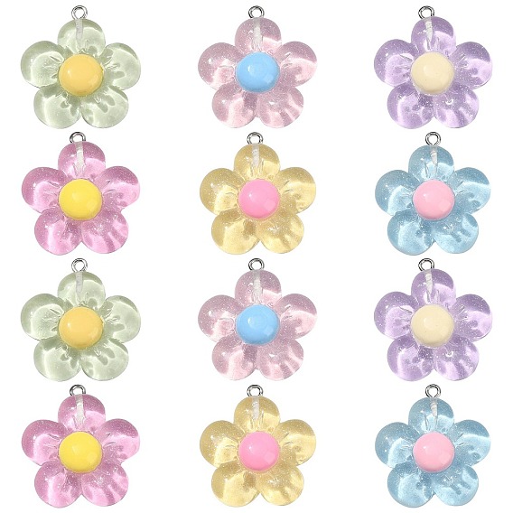 60шт 6 цветные подвески из полупрозрачной смолы, блестящие цветочные прелести, с платиновыми тоновыми железными петлями