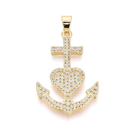 Латунные микропаве прозрачные подвески с фианитом, якорь с сердечками