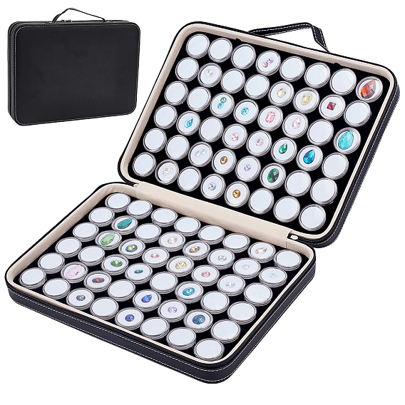 96 Набор маленьких пластиковых круглых футляров в форме алмаза с поролоновой вставкой внутри, с черными прямоугольными органайзерами из искусственной кожи с застежкой-молнией и ручками