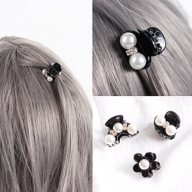 Elegant Black Pearl Hair Clip with Rhinestones and Bow Decoration