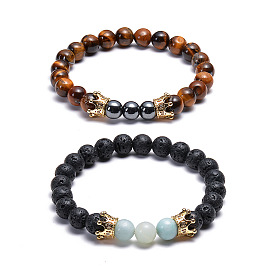 Lava Stone Crown Bracelet with Tiger Eye Beads and Micro-Inlaid Zircon Copper Crown