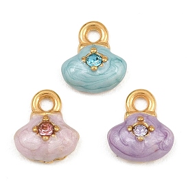304 Stainless Steel Enamel Pendants, Shell Shape Charms, with Rhinestone, Ion Plating(IP), Real 18K Gold Plated