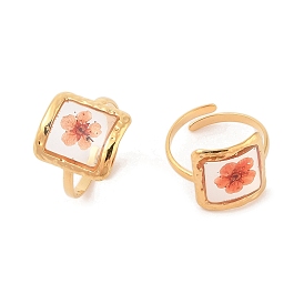 Square Ion Plating(IP) 304 Stainless Steel Open Cuff Rings for Women, with Epoxy Resin & Dried Flower inside