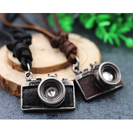 Мини камера сплав с кожаным шнуром подвеска ожерелье, античное серебро