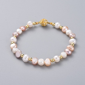 Natural Pearl Beaded Bracelets, with Rhinestone, Golden Plated Brass Beads and Magnetic Clasps