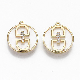 Brass Cubic Zirconia Pendants, with Shell, Nickel Free, Real 18K Gold Plated, Flat Round, Clear
