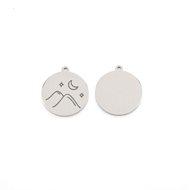 304 Stainless Steel Pendants, Flat Round with Mountain Pattern