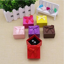 Cardboard Jewelry Earring Boxes, with Ribbon Bowknot and Black Sponge, for Jewelry Gift Packaging, Square