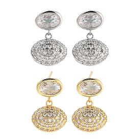 Rack Plating Oval Brass Stud Earrings, with Clear Cubic Zirconia, Cadmium Free & Lead Free, Long-Lasting Plated