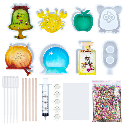 Kits de moules à sables mouvants en silicone, moule à shaker, moules en silicone pour sables mouvants en résine de bricolage, bouleau artisanat bois bâtons de crème glacée, doigtiers en latex jetables et seringue de distribution de colle à pression à vis (sans aiguille)
